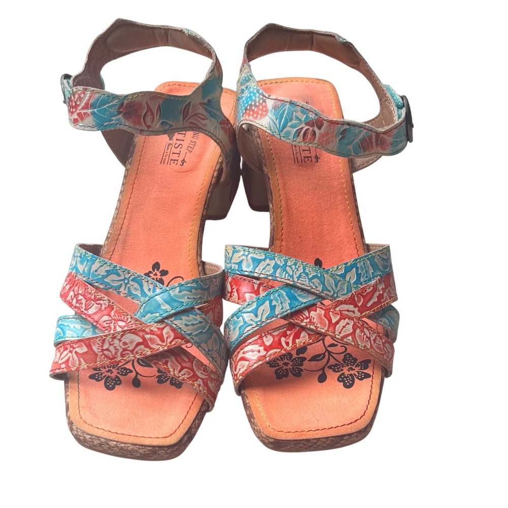 Spring Step L'Artiste Lawita Floral Leather Block Heel Sandals Orange Blue Sz 40